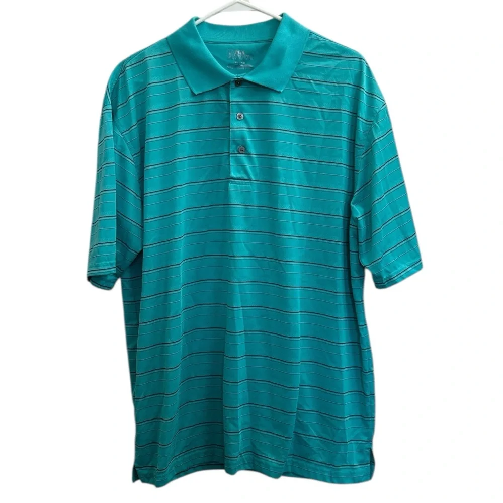 PGA Tour Aqua Blue and Black Striped Golf Polo‎ Shirt Size XL